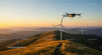 Drone Over Wind Turbines on Golden Hills at Sunset