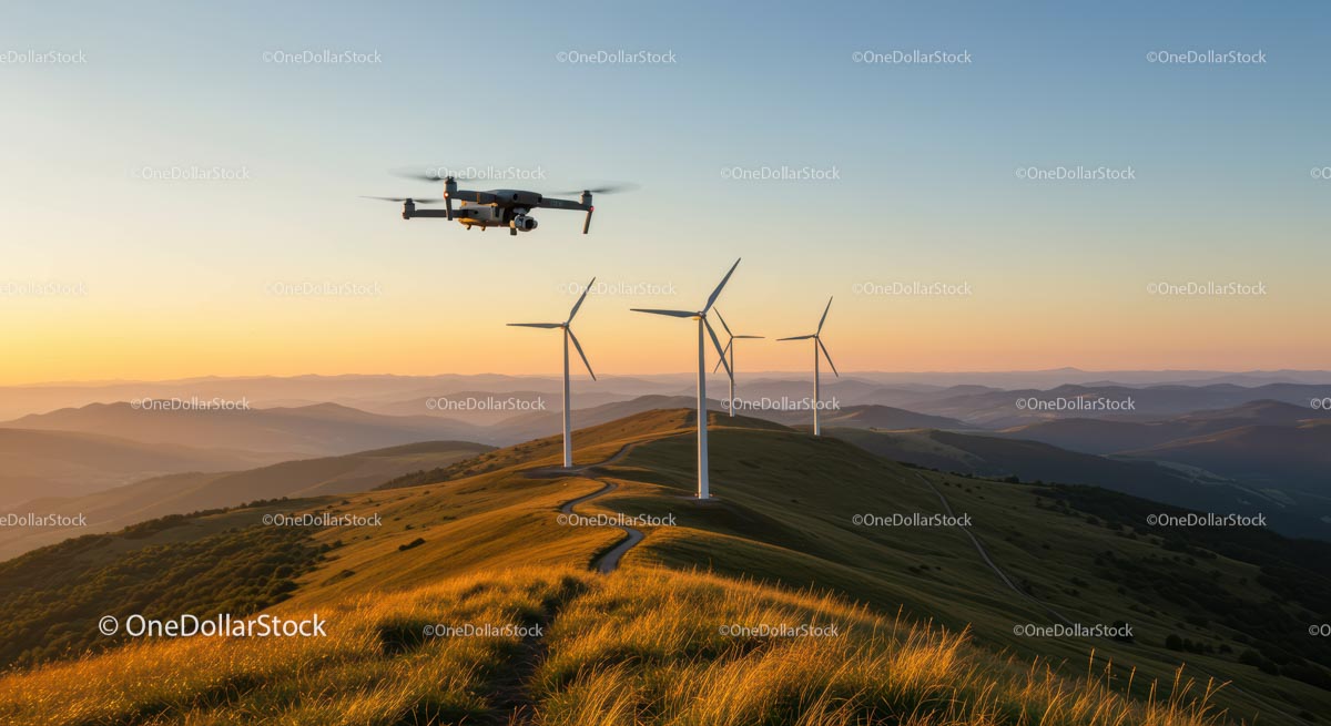 Drone and Wind Turbines Over Rolling Hills at Sunrise