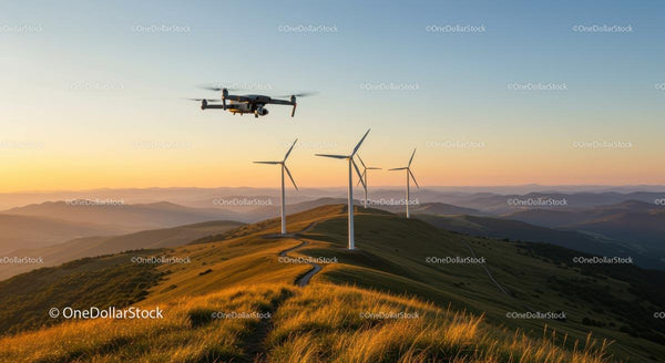 Dron i turbiny wiatrowe nad falującymi wzgórzami o wschodzie słońca