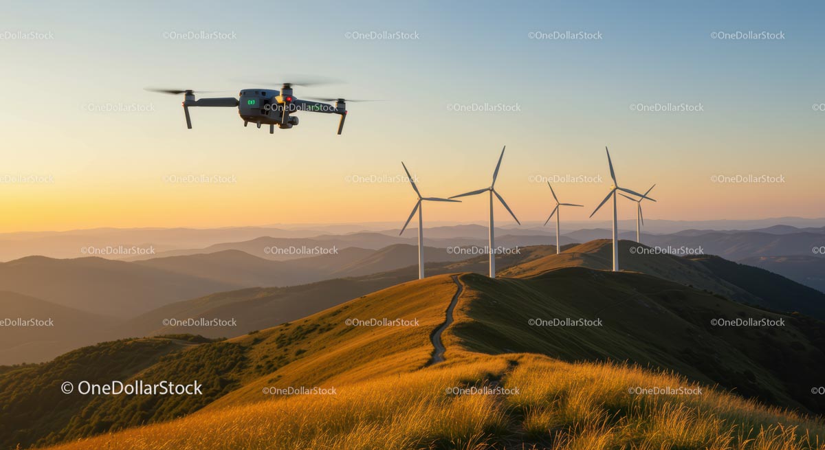 Dron latający nad turbinami wiatrowymi w górzystym krajobrazie o zachodzie słońca