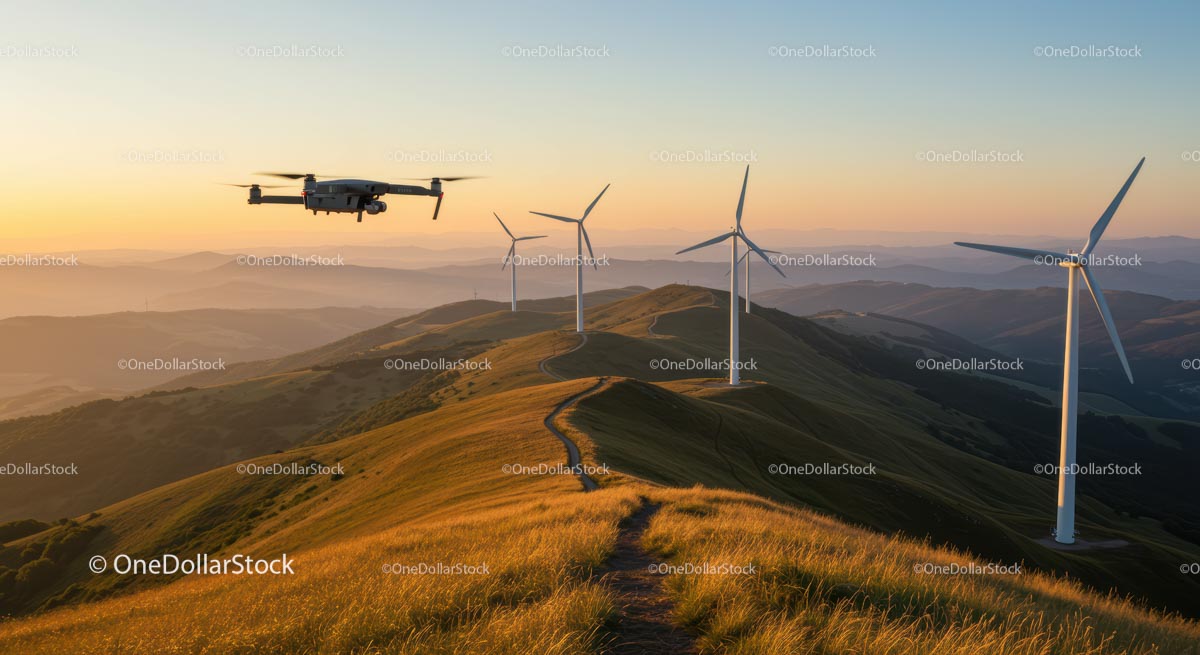 Dron latający nad turbinami wiatrowymi o zachodzie słońca w Green Hills