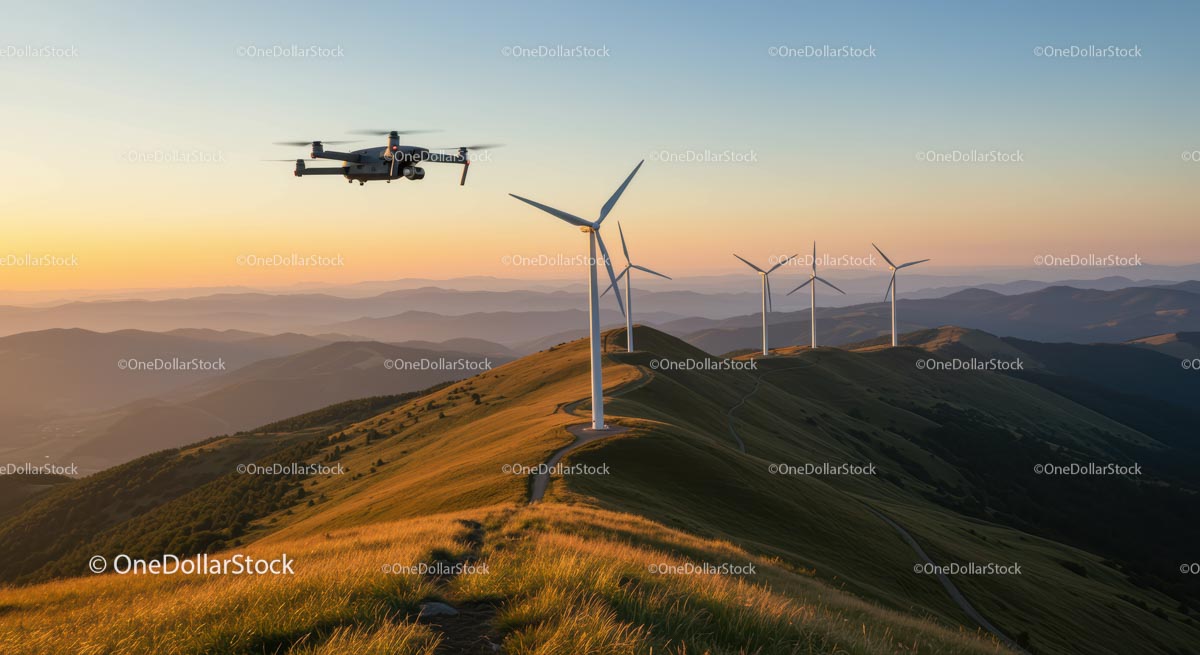 Dron nad turbinami wiatrowymi o zachodzie słońca w malowniczych górach