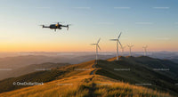 Drone Over Wind Farm at Sunset with Rolling Hills