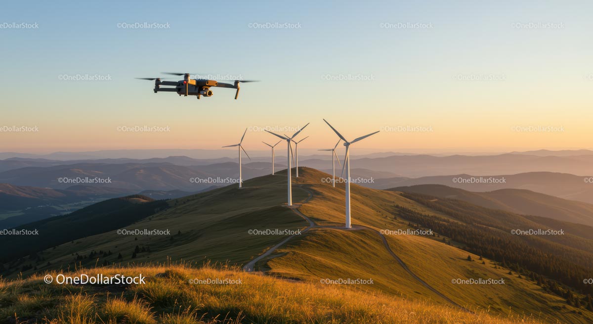 Dron nad turbinami wiatrowymi o zachodzie słońca w górzystym krajobrazie