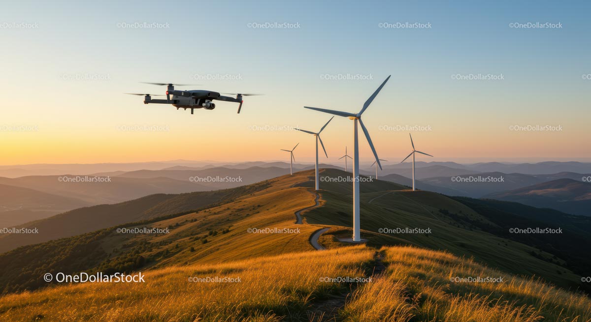 Drone Flying Over Wind Turbines at Sunset in Mountainous Landscape