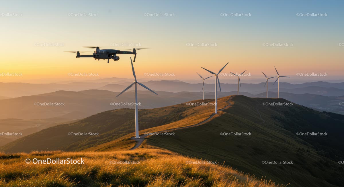 Drone Flying Over Wind Turbines at Sunset in Mountain Landscape