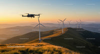 Drone Flying Over Wind Turbines at Sunset in Mountain Landscape