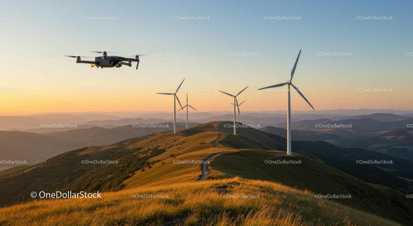 Dron nad Górami z Turbinami Wiatrowymi o Zachodzie Słońca