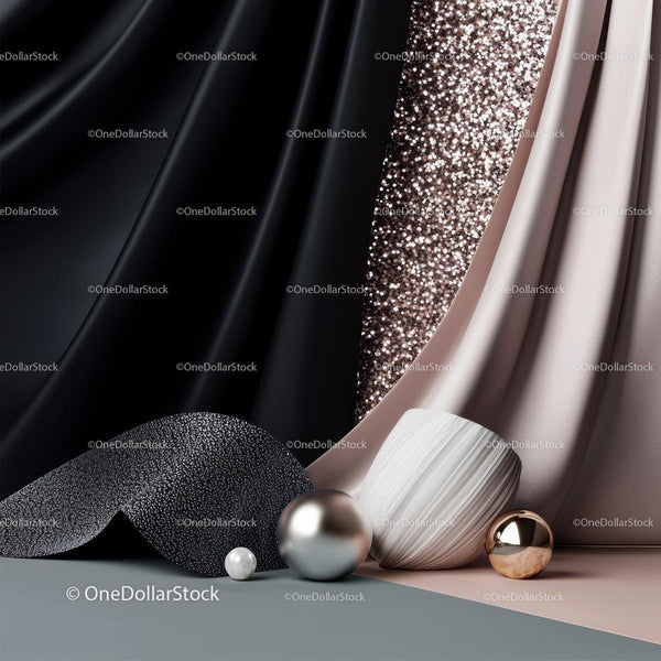 Elegant Drapery and Metallic Spheres in Chic Interior Design