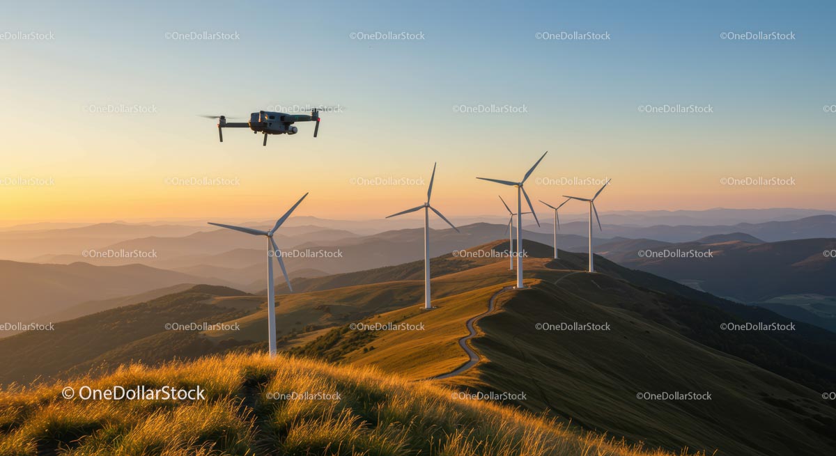 Drone Flying Over Wind Turbines at Sunset in Mountain Landscape