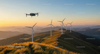 Drone Flying Over Wind Turbines at Sunset in Mountain Landscape