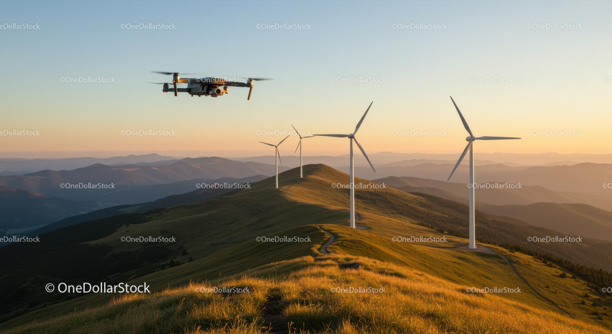 Dron uchwycił turbiny wiatrowe o zachodzie słońca w paśmie górskim