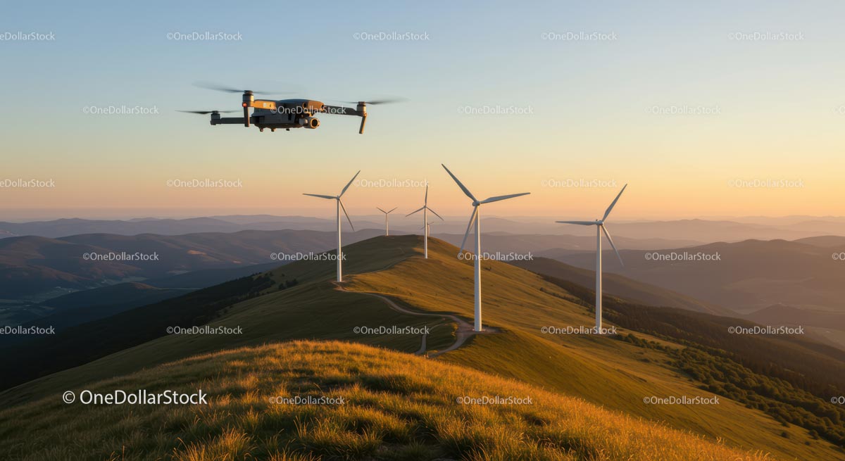 Dron nad turbinami wiatrowymi o zachodzie słońca w malowniczym paśmie górskim