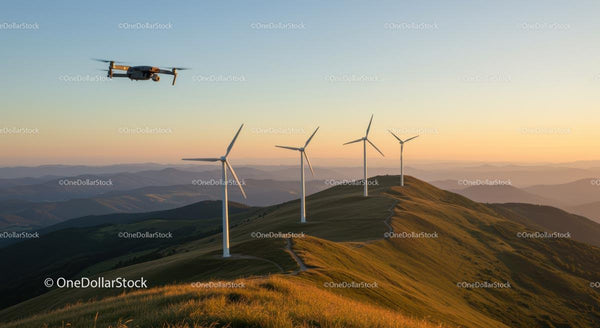 Turbiny wiatrowe i dron o zachodzie słońca nad górskim krajobrazem