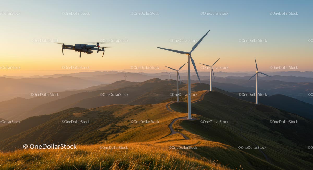 Dron latający nad turbinami wiatrowymi o zachodzie słońca