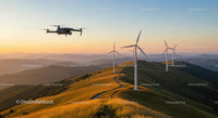 Drone Over Wind Turbines at Sunset in Mountainous Landscape