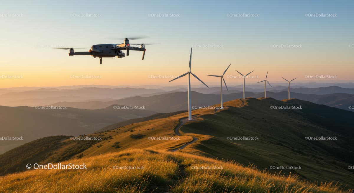 Drone Flying Over Wind Turbines at Sunset