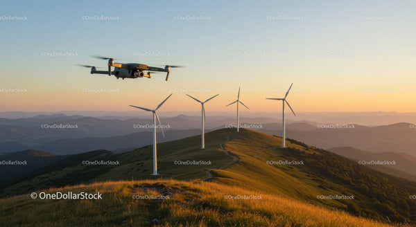 Dron Latający Nad Turbinami Wiatrowymi o Zachodzie Słońca w Malowniczych Górach