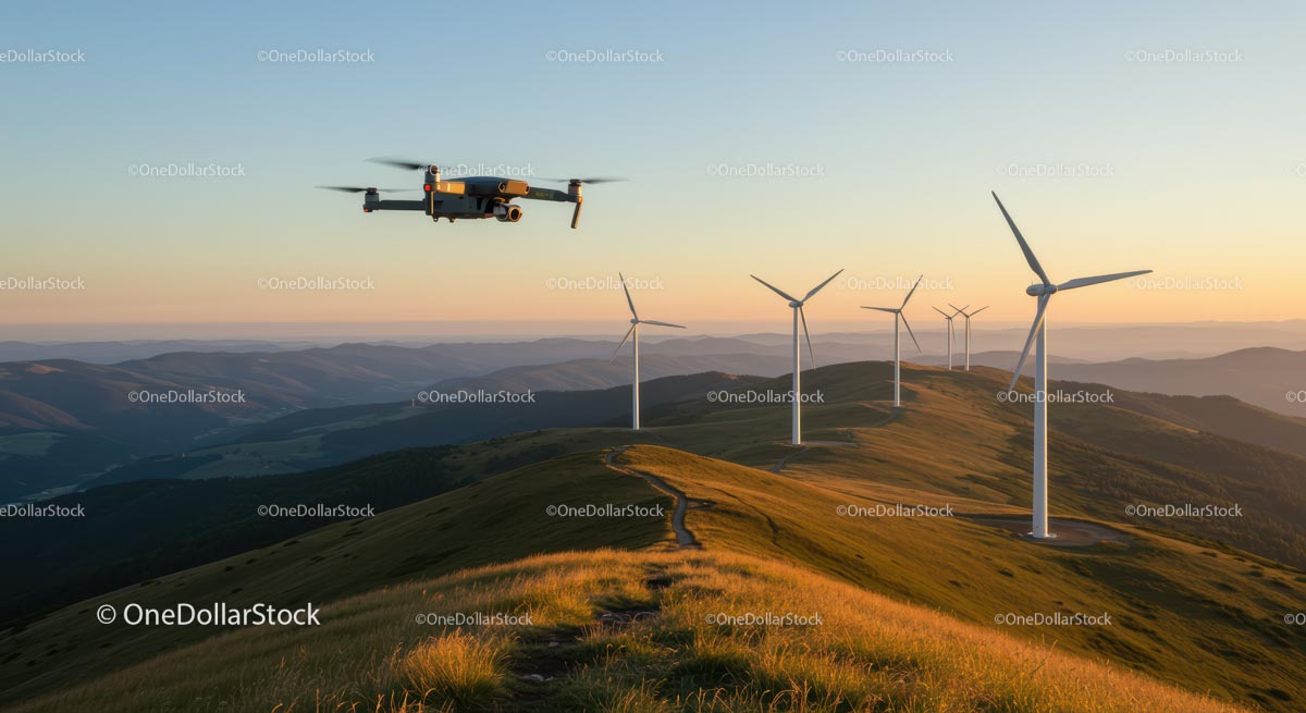Drone Flying Over Wind Turbines at Sunset in Rolling Hills