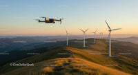 Drone Flying Over Wind Turbines at Sunset in Rolling Hills