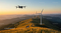 Drone Over Wind Turbines in Scenic Sunset Landscape