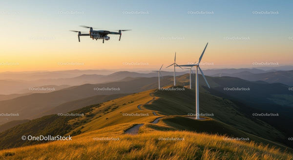 Dron nad turbinami wiatrowymi w malowniczym krajobrazie o zachodzie słońca