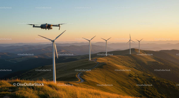 Dron i turbiny wiatrowe nad falującymi wzgórzami podczas zachodu słońca