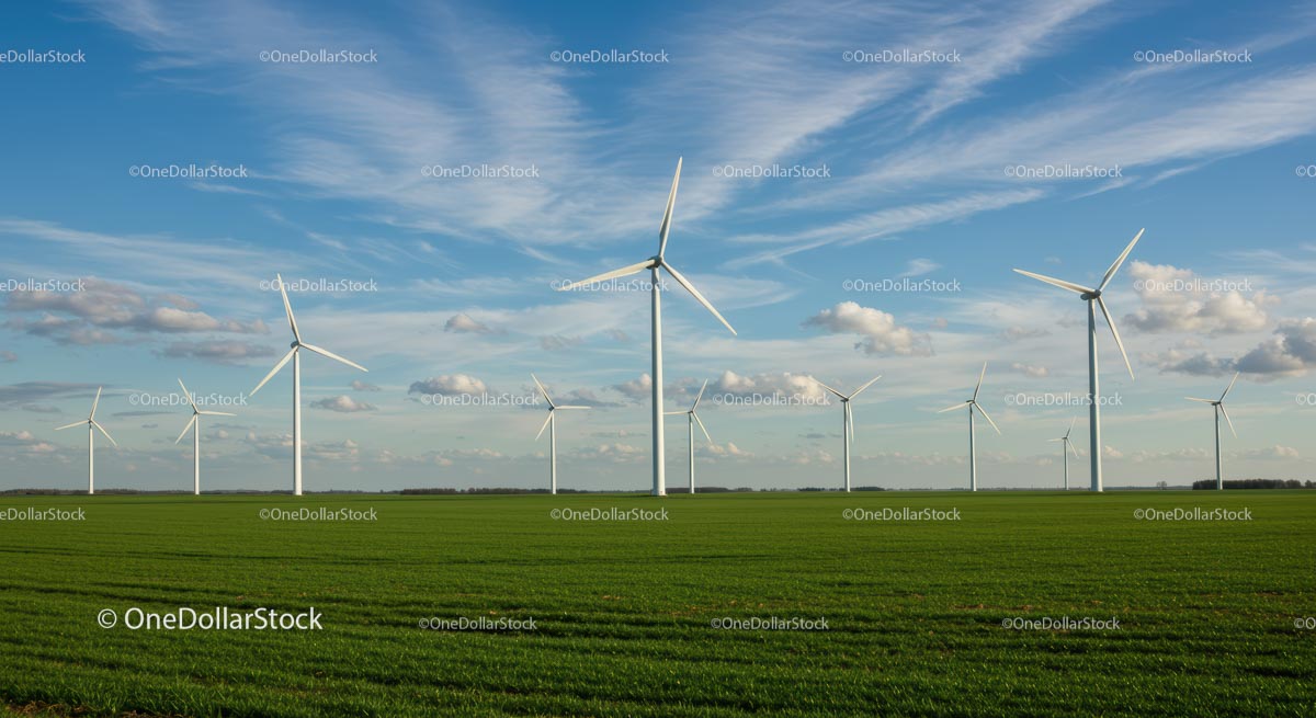 Wind Turbines on a Lush Green Field Under Blue Sky