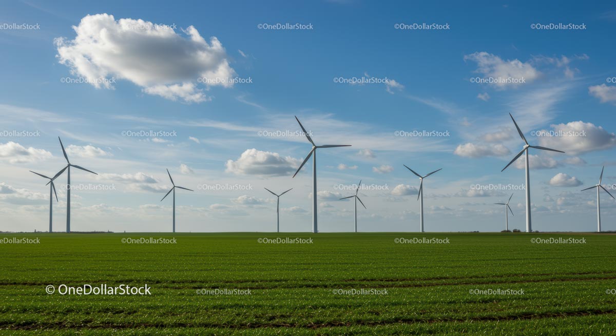 Wind Turbines in a Vast Green Field Under Blue Skies