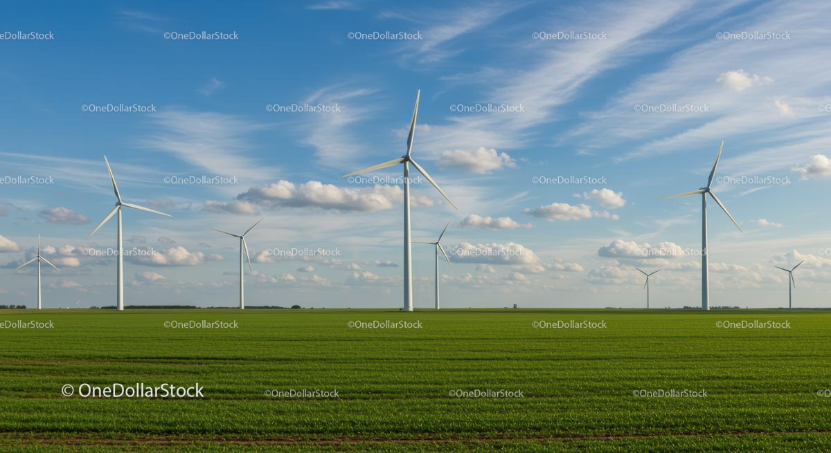 Wind Turbines on a Lush Green Field Under Blue Sky