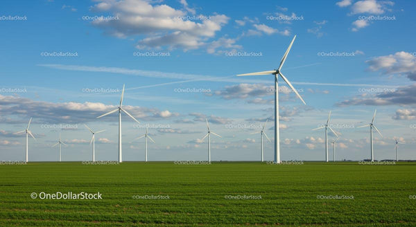 Turbiny wiatrowe na zielonym polu pod błękitnym niebem