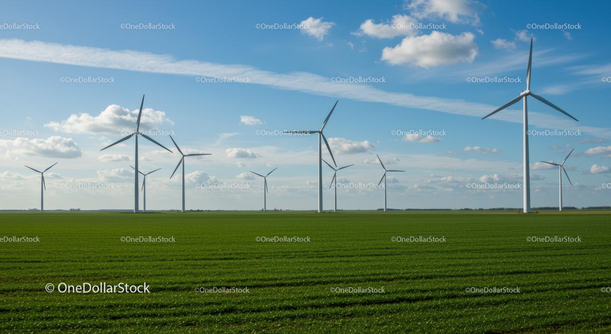 Turbiny wiatrowe na żywym zielonym polu pod błękitnym niebem