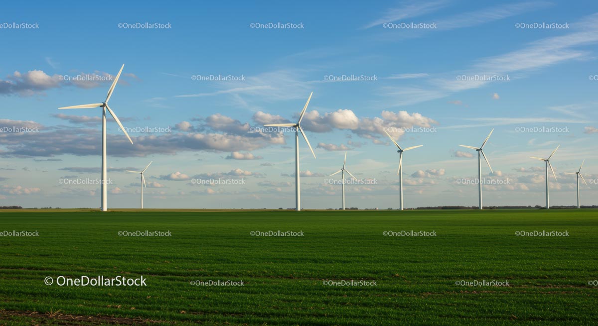Wind Turbines on a Green Field Under a Blue Sky
