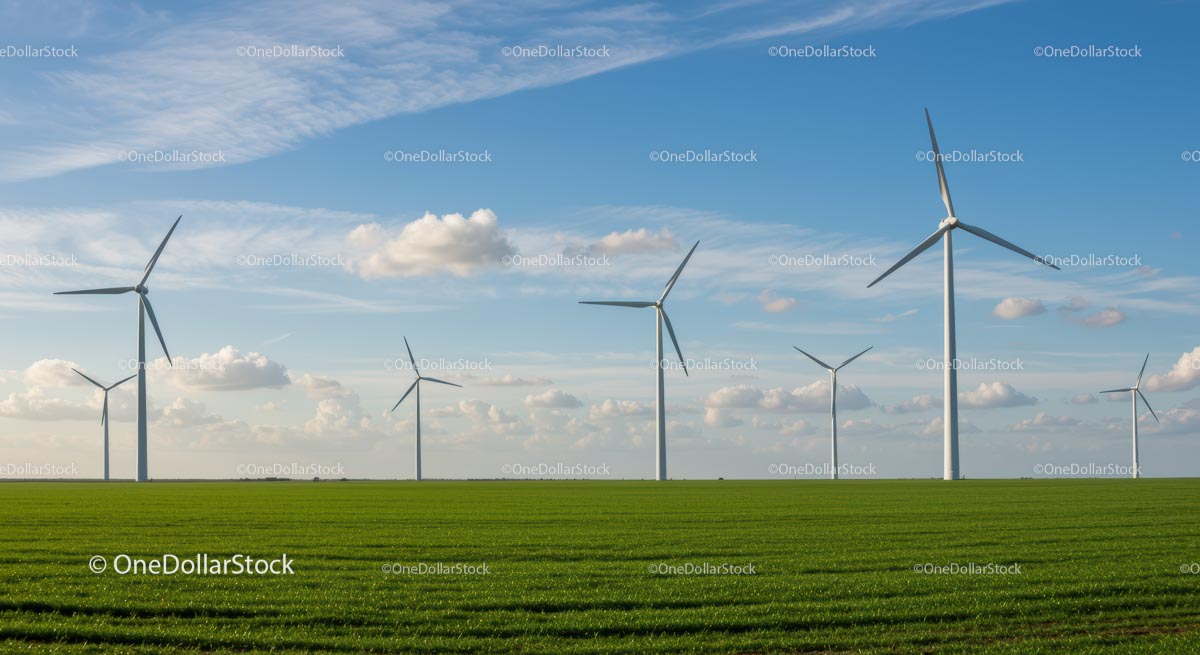Wind Turbines on a Green Field Under a Blue Sky