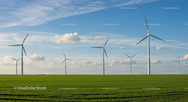 Turbiny wiatrowe na zielonym polu pod błękitnym niebem