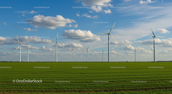 Turbiny wiatrowe na zielonym polu pod pochmurnym niebem