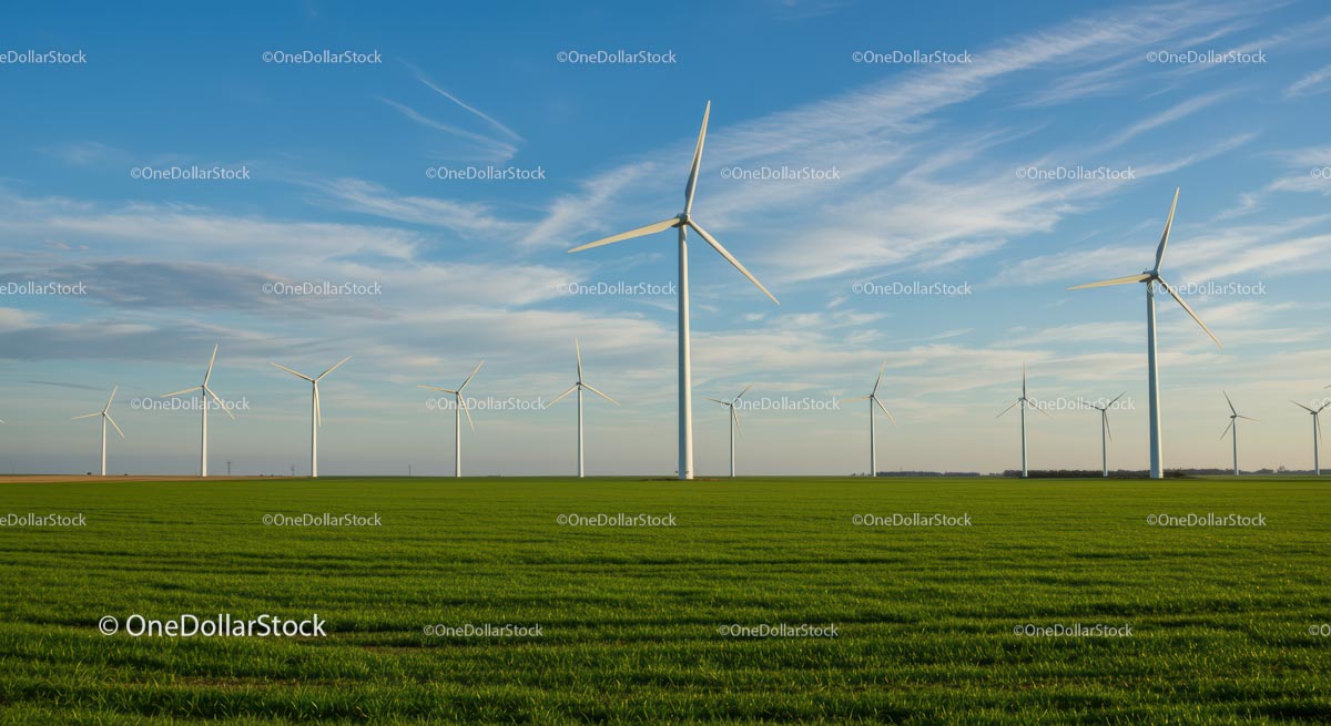 Turbiny wiatrowe na zielonym polu pod błękitnym niebem