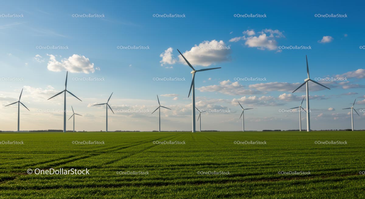Turbiny wiatrowe na zielonym polu pod błękitnym niebem