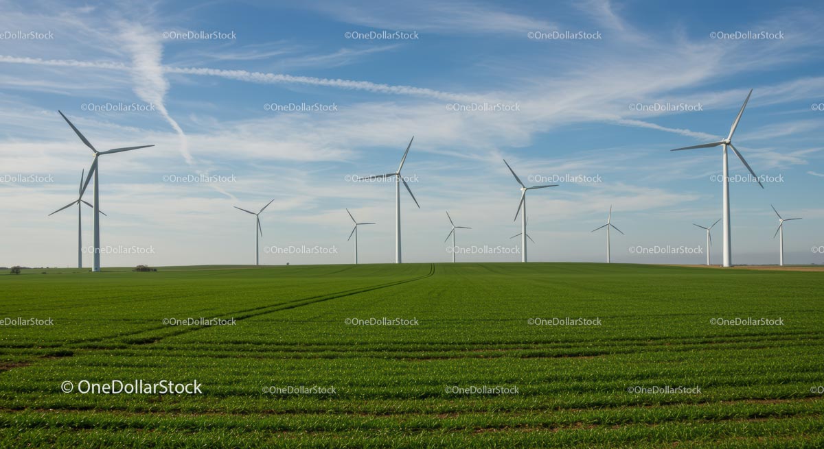 Wind Turbines Over Green Fields and Blue Skies