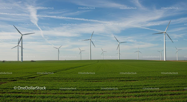 Turbiny Wiatrowe Nad Zielonymi Polami i Błękitnym Niebiem