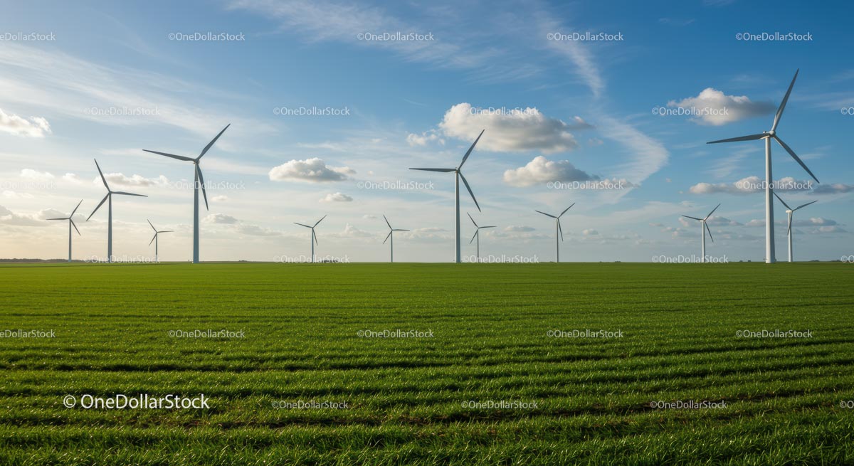 Wind Turbines in a Vast Green Field Under a Clear Blue Sky