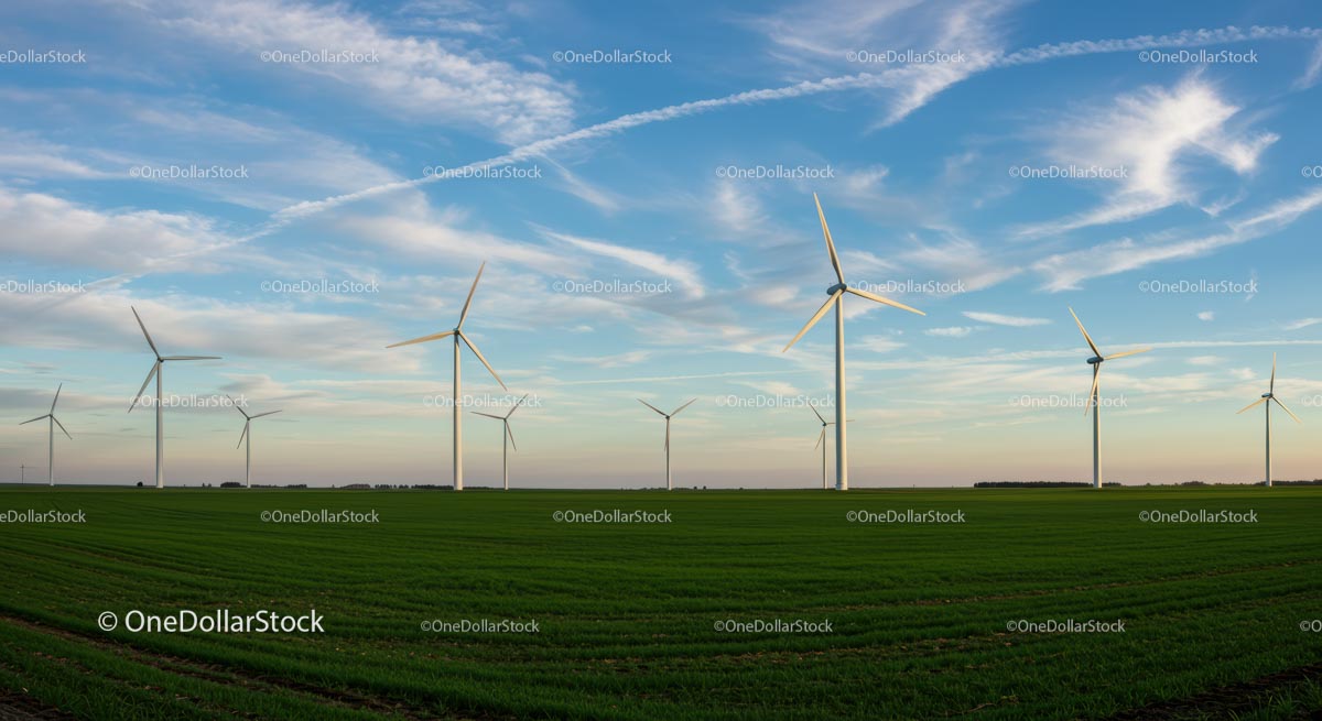 Wind Farm with Turbines Under Blue Sky and Green Fields