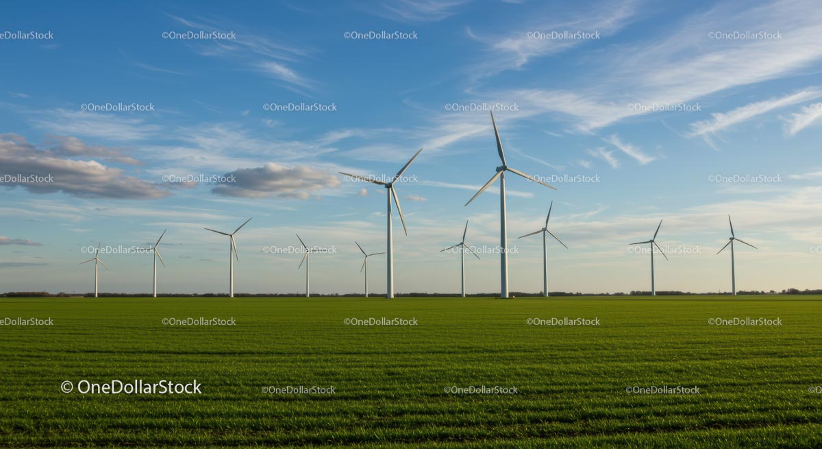 Wind Turbines on a Vast Green Field Under a Clear Blue Sky