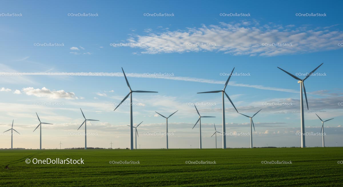 Turbiny wiatrowe na zielonych polach i błękitnym niebie
