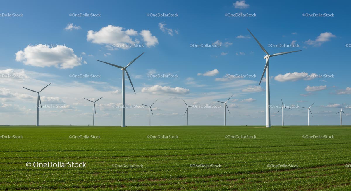 Wind Turbines in Green Field Under Blue Sky