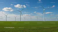 Wind Turbines in Green Field Under Blue Sky