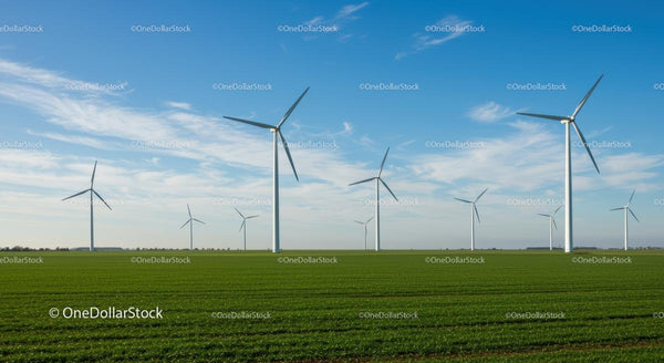 Turbiny wiatrowe na zielonym polu pod błękitnym niebem