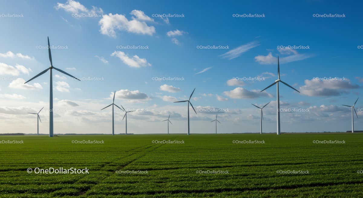 Wind Turbines on a Vast Green Field Under Blue Skies