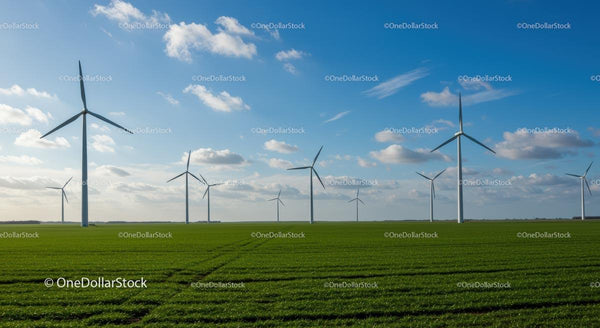 Turbiny wiatrowe na rozległym zielonym polu pod błękitnym niebem