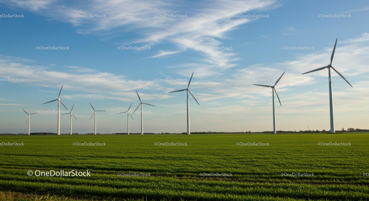 Wind Turbines in a Green Field Under Blue Sky
